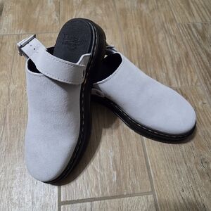 Dr. Martens Brookline Mule Taupe Suede Clogs Buckle Women 9 Men 8 NWOT